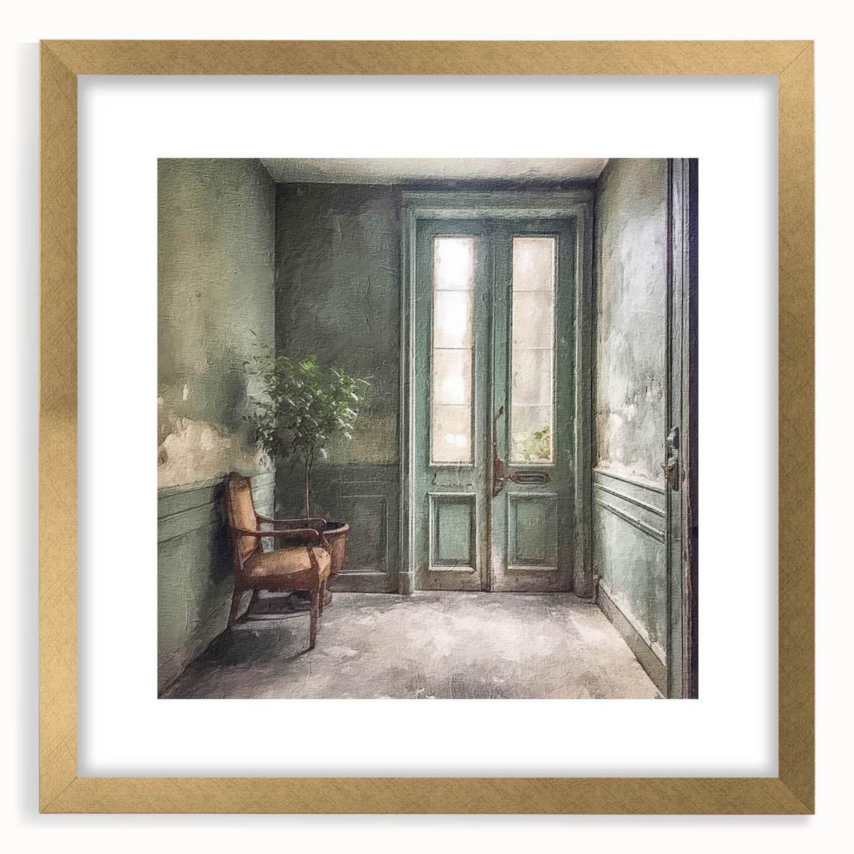 Extra large abstract art print featuring textured patterns in gold and white, framed with a mat, ideal for living room decor.