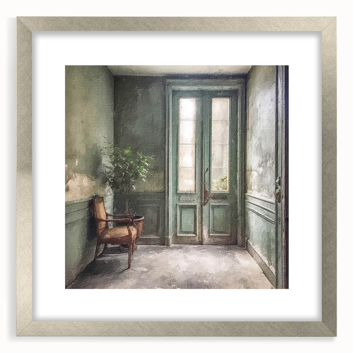 Textured abstract art print of a French door design in silver frame, ideal for bedroom wall decor.