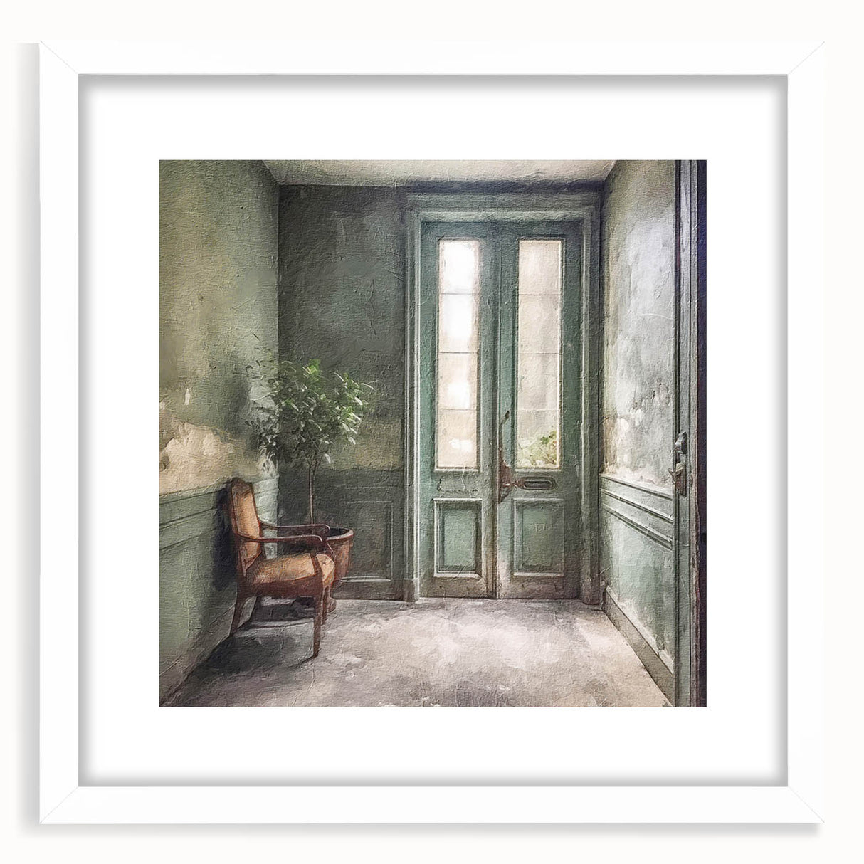 Abstract art print of a French door, rendered in soft gray tones on a white framed canvas, suitable for dining room decor.