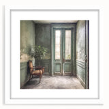 Abstract art print of a French door, rendered in soft gray tones on a white framed canvas, suitable for dining room decor.