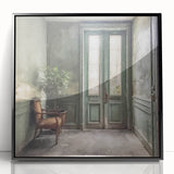 Large abstract wall art featuring a minimalist black and white depiction of a French door.