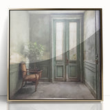 Mid-century modernist acrylic print of a French door in gold tones, ideal for modern art wall decor.