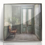 Mid-century modernist art of a French door architecture in silver framed acrylic, ideal for nursery wall decor.