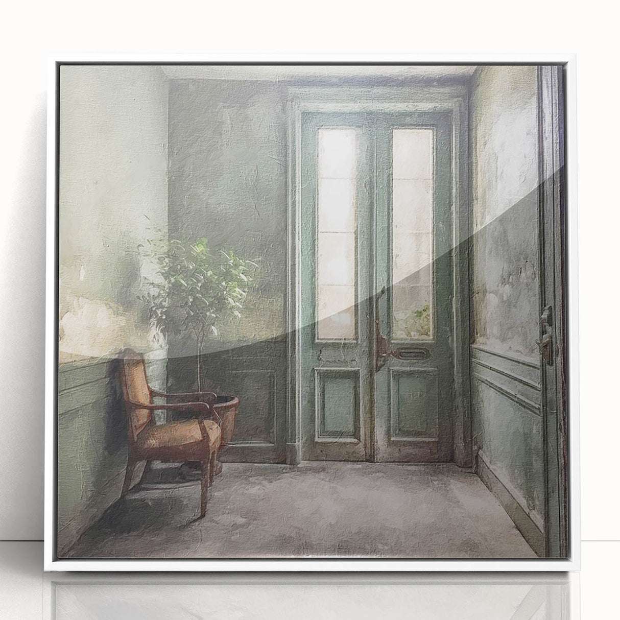 Art Deco style poster of a French door architecture, framed in white acrylic, suitable for modern nursery decor.