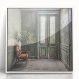 Art Deco style poster of a French door architecture, framed in white acrylic, suitable for modern nursery decor.