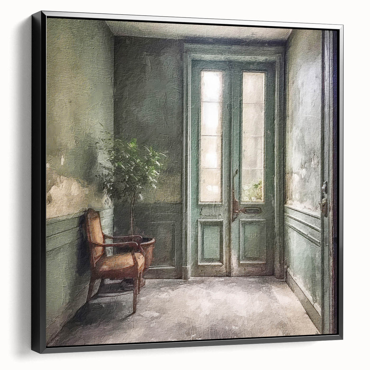 Black and white framed canvas featuring a vintage poster art style of an ornate French door, ideal for bedroom wall decor.