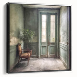 Black and white framed canvas featuring a vintage poster art style of an ornate French door, ideal for bedroom wall decor.