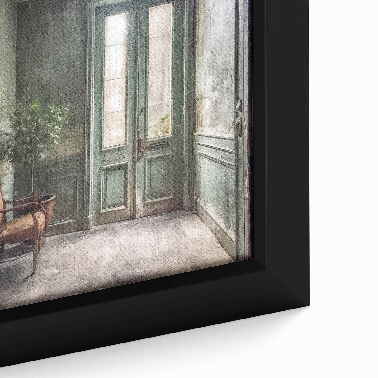 Close-up of a textured black wall art featuring a French door design in vibrant colors on a framed canvas.