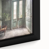 Close-up of a textured black wall art featuring a French door design in vibrant colors on a framed canvas.
