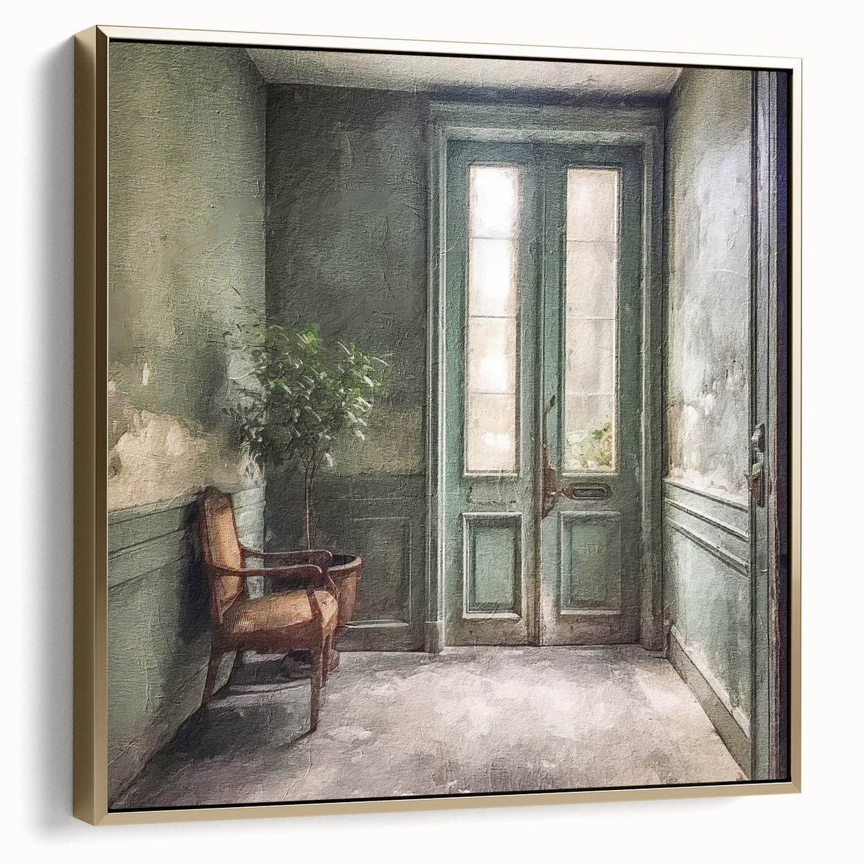 Framed canvas of a vintage poster featuring a black and gold French door architecture, suitable for bedroom decor.