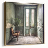 Framed canvas of a vintage poster featuring a black and gold French door architecture, suitable for bedroom decor.