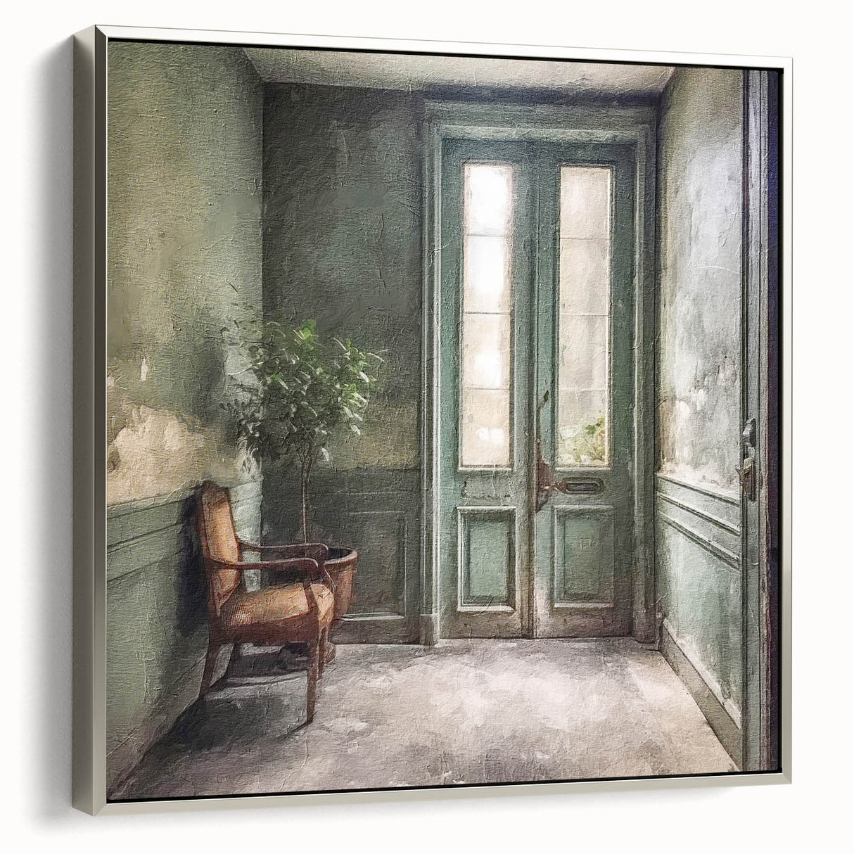 Landscape art painting of a French door in black and colorful tones on a framed canvas, suited for living room decor.