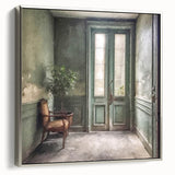 Landscape art painting of a French door in black and colorful tones on a framed canvas, suited for living room decor.