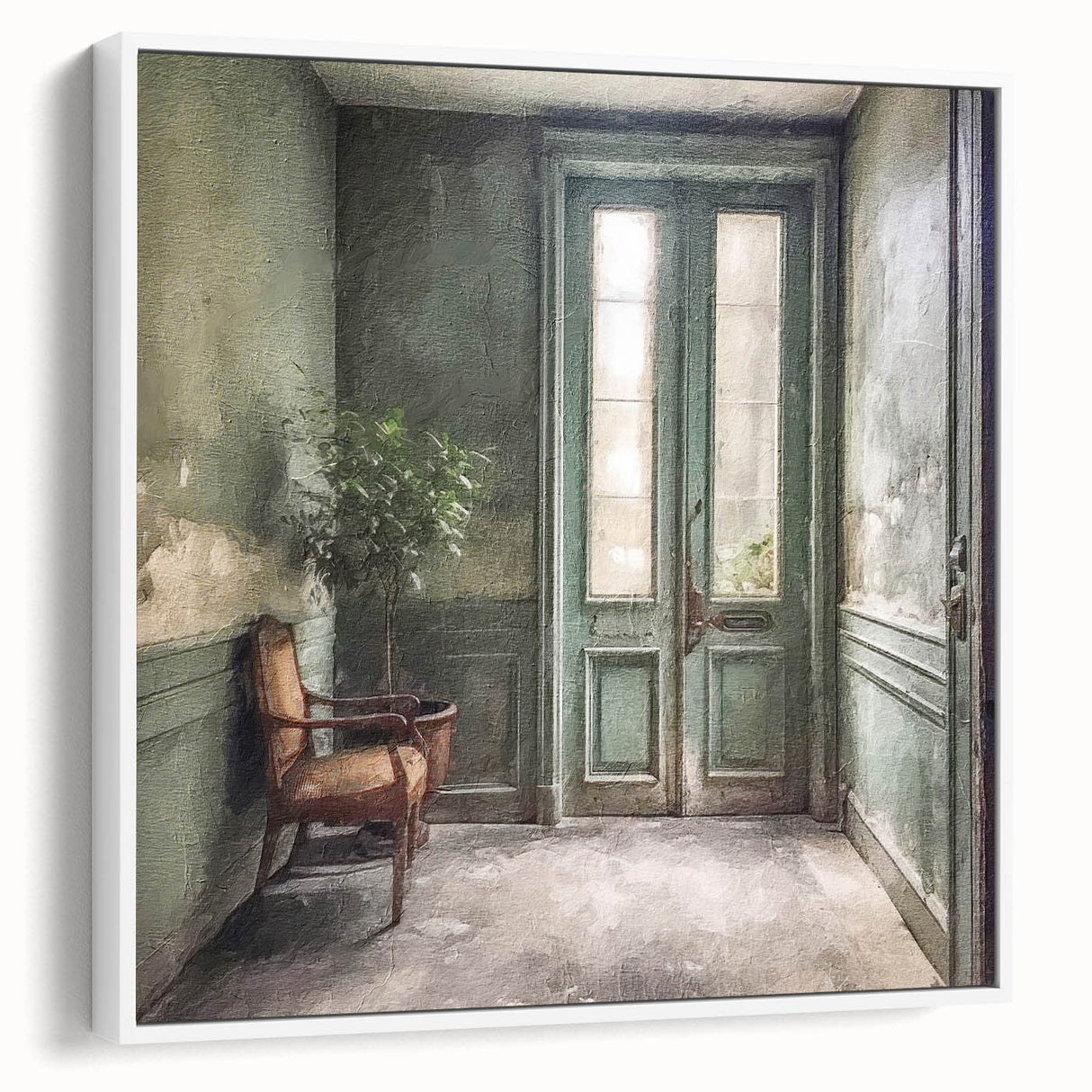 Vintage poster art of a French door in muted colors on a framed canvas, ideal for living room decor.