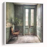 Vintage poster art of a French door in muted colors on a framed canvas, ideal for living room decor.