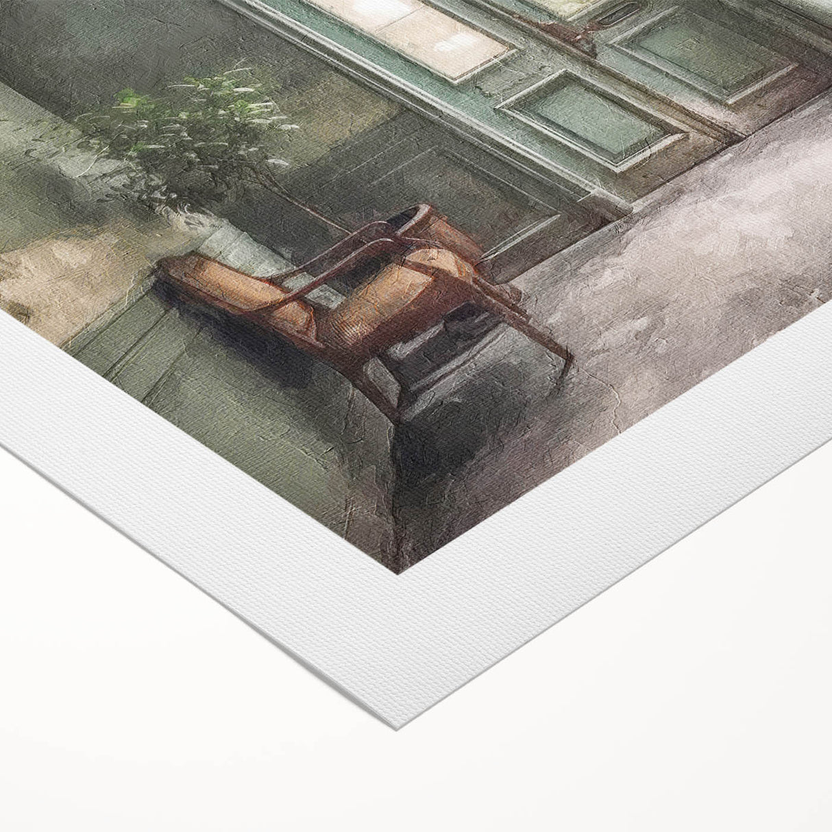 Art deco poster of an ornate French door in muted beige and cream tones on rolled canvas, ideal for dining room wall art.