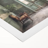 Art deco poster of an ornate French door in muted beige and cream tones on rolled canvas, ideal for dining room wall art.