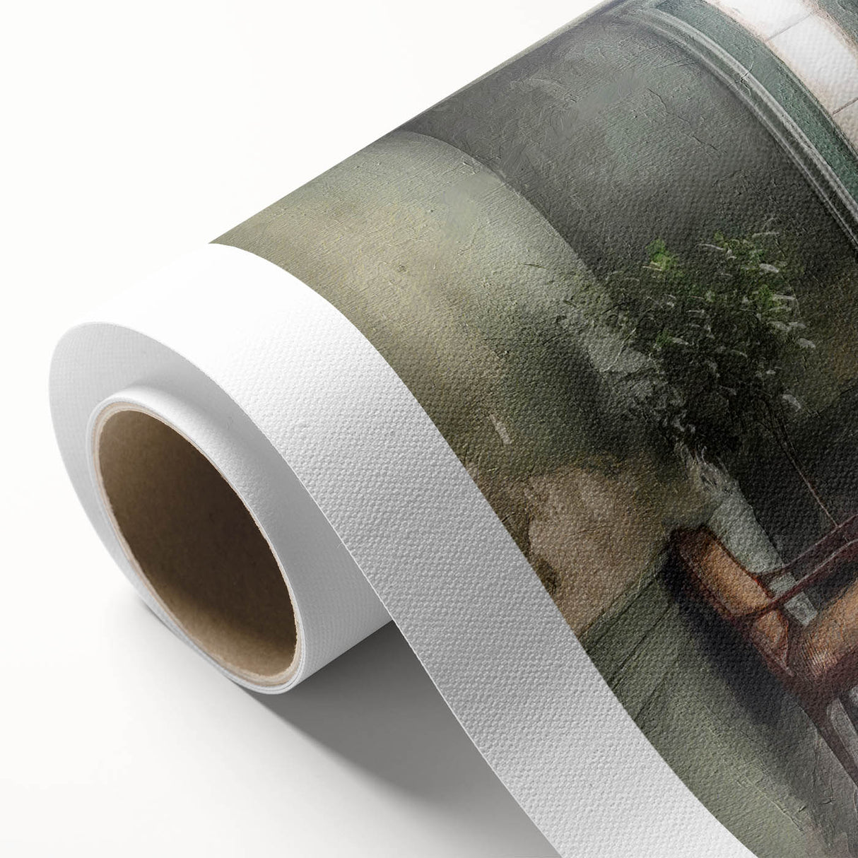 Art Deco poster featuring a detailed illustration of a French door in muted earth tones on rolled canvas.