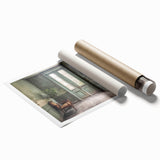 Extra large rolled print of a French door architecture with floral details, ideal for classy bathroom wall art.