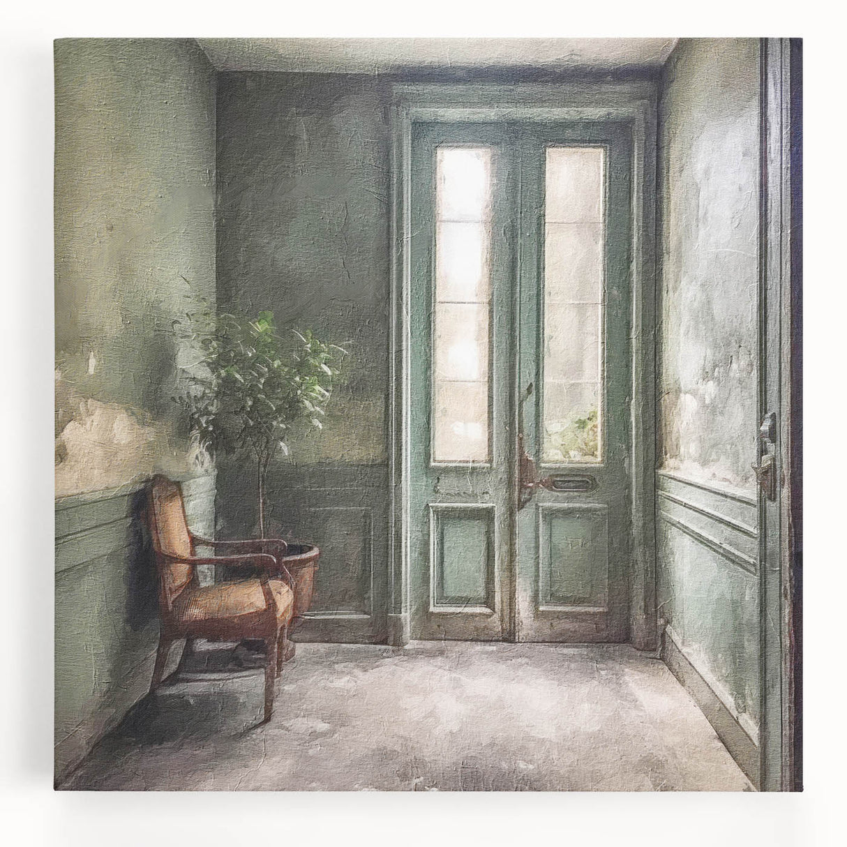 Black and white photograph of a detailed French door on stretched canvas, suitable for kitchen wall art.