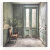 Black and white photograph of a detailed French door on stretched canvas, suitable for kitchen wall art.