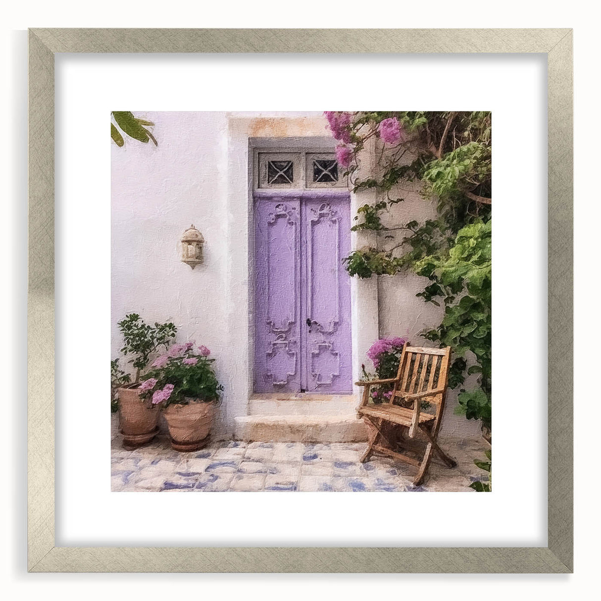 Textured art print of a Greek door in muted beige and white, framed in silver, ideal for bedroom wall decor.