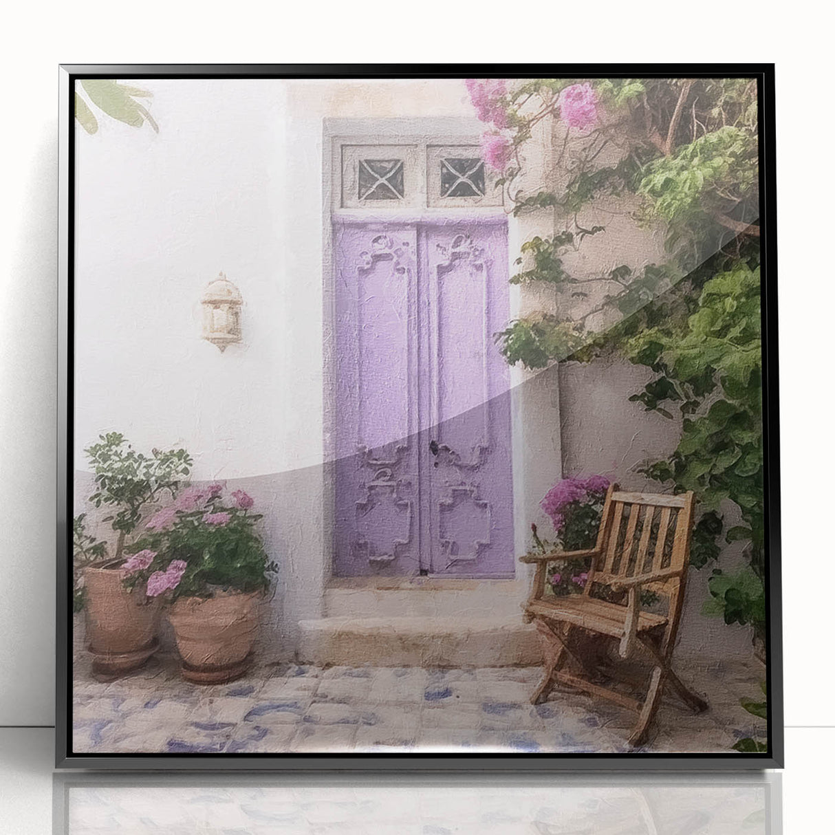 Large abstract wall art featuring a mid-century modernist depiction of a Greek door in black and white acrylic.