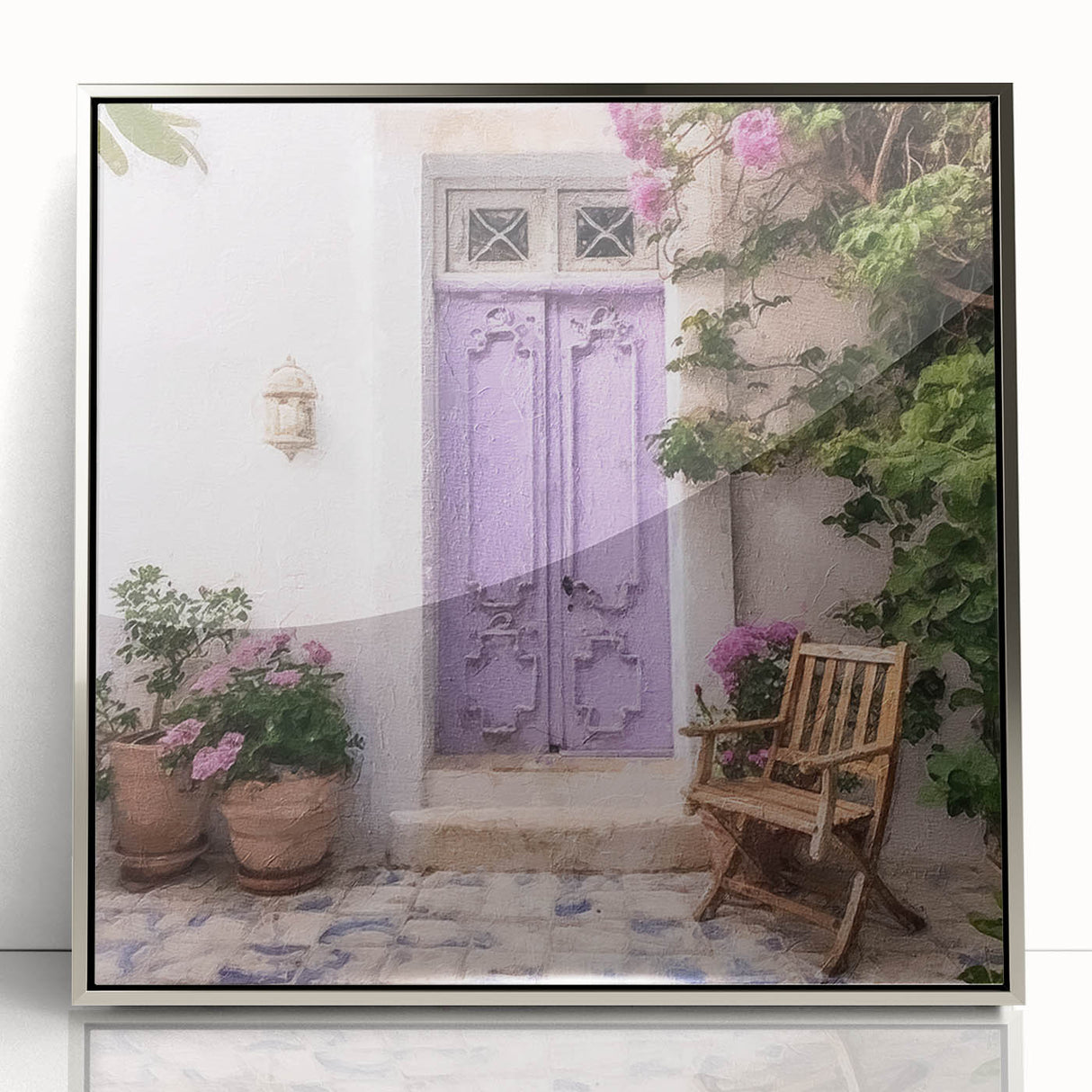 Mid-century modernist art depicting a Greek door, silver framed acrylic print in muted earth tones.
