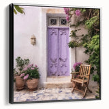 Black and white framed canvas featuring a vintage poster art style Greek door architecture, ideal for bedroom wall decor.
