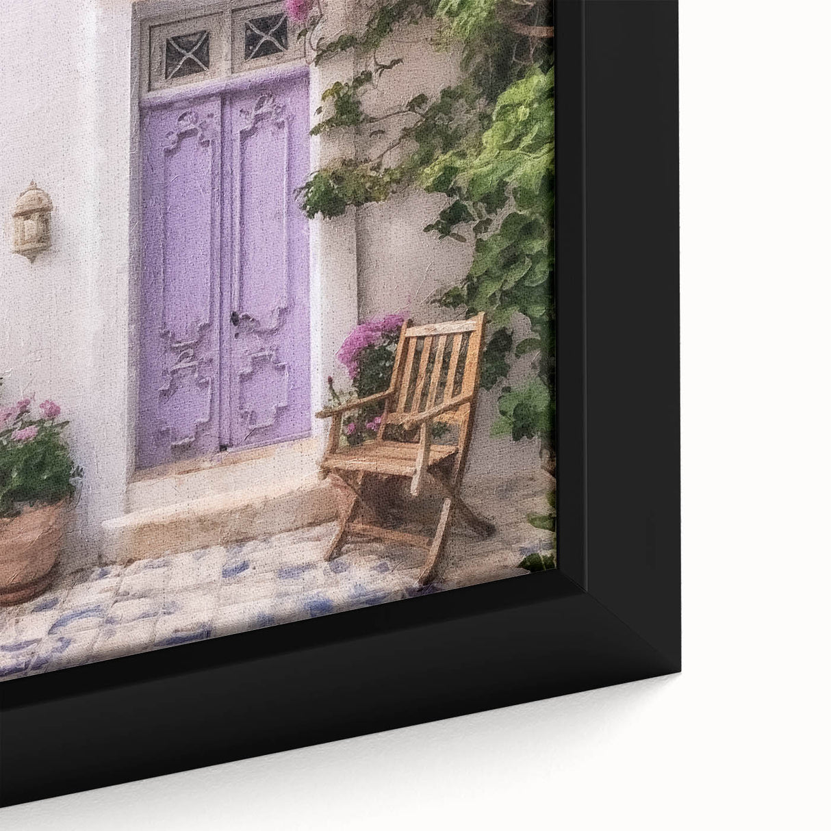 Close-up of a black framed canvas featuring a Greek door design in textured, colorful art, ideal for living room decor.