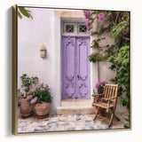 Framed canvas featuring a vintage poster of a Greek door architecture in silver and gold tones.