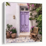 Vintage poster art of a Greek architecture door on white framed canvas, ideal for living room decor.