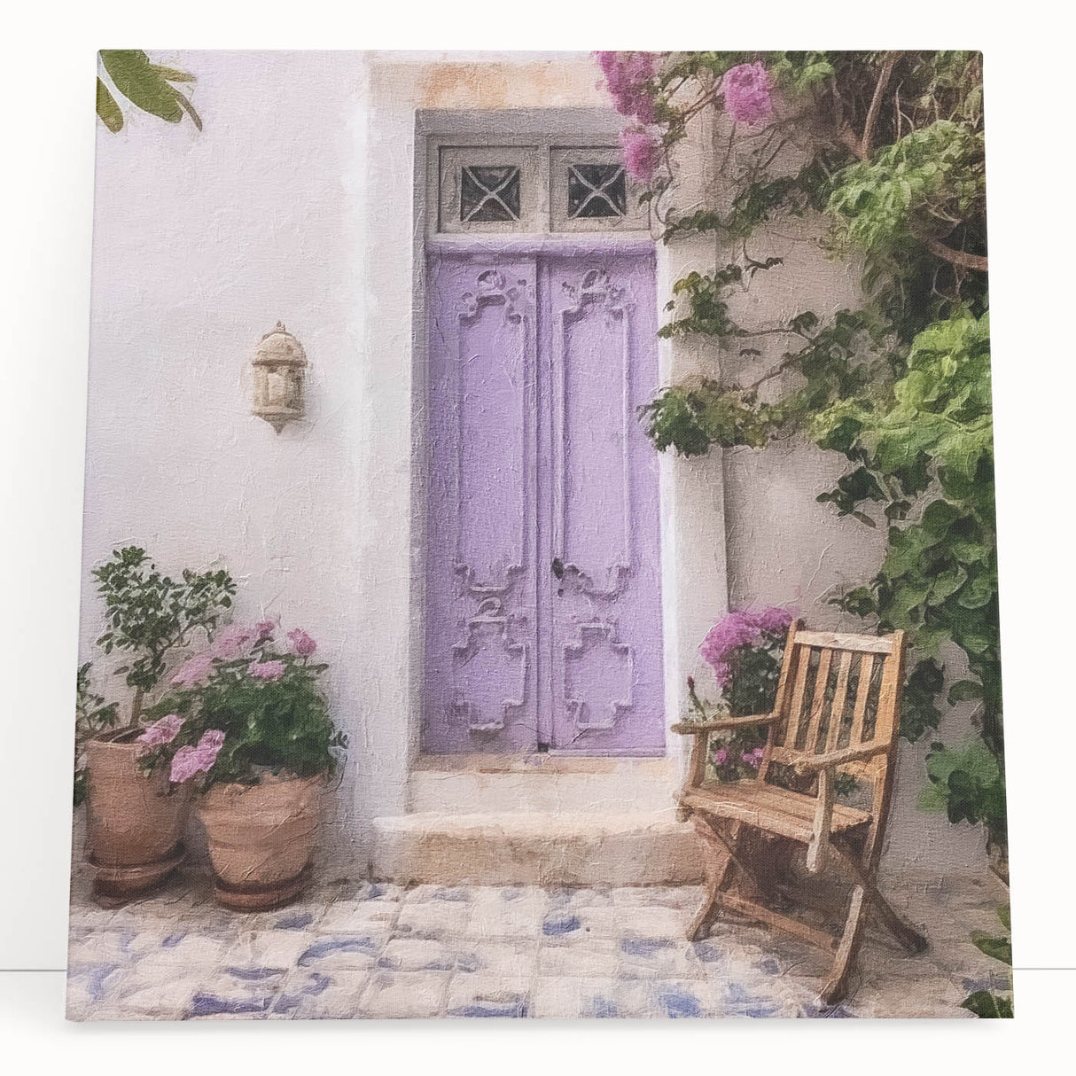 Black and white photo of a Greek architecture door on stretched canvas, ideal for kitchen wall art or bedroom.