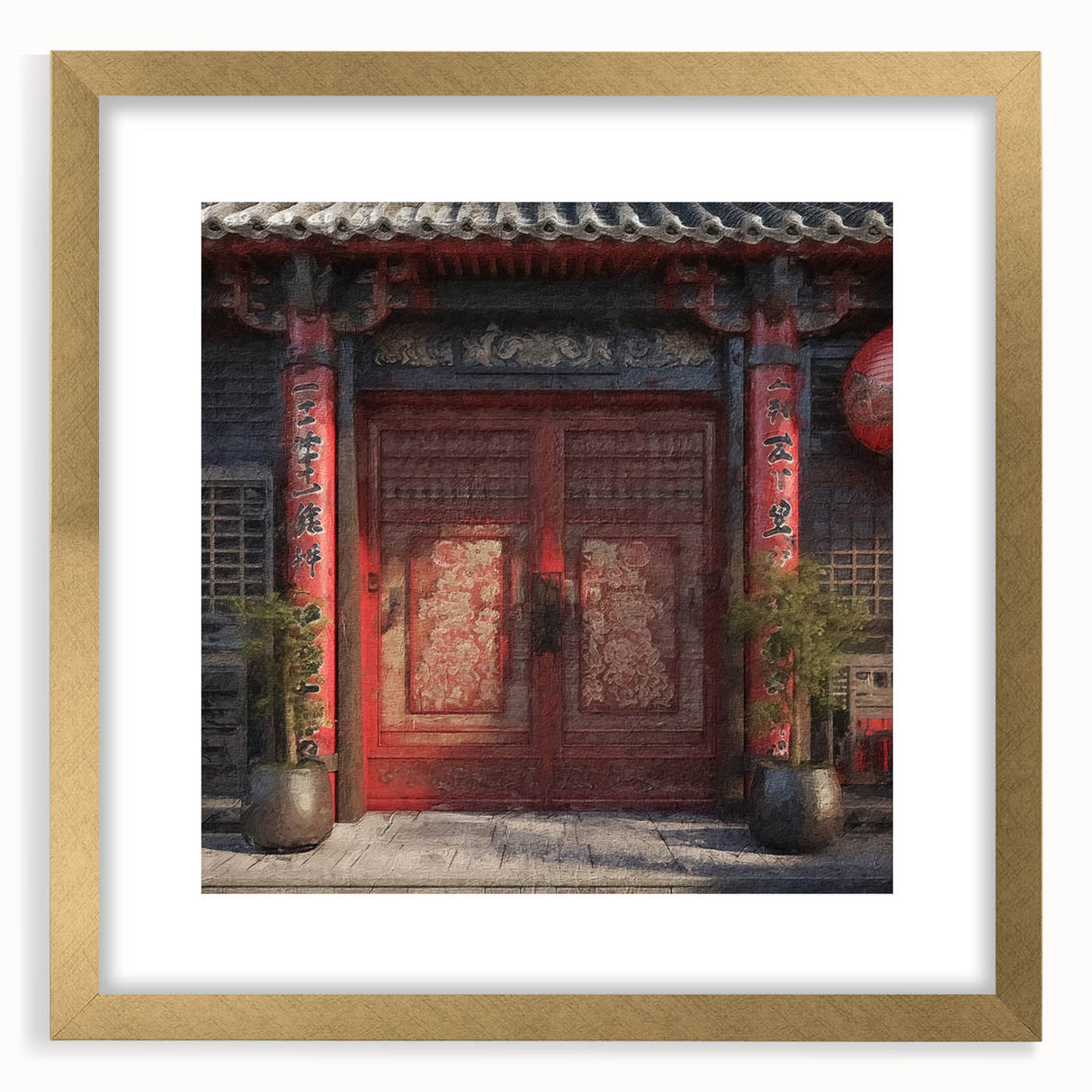 Extra large abstract art print featuring a textured image of a Japanese door in muted gold and black tones.