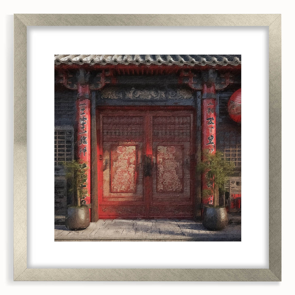 Textured abstract art print of a Japanese door in muted gray, framed in silver, ideal for bedroom art.