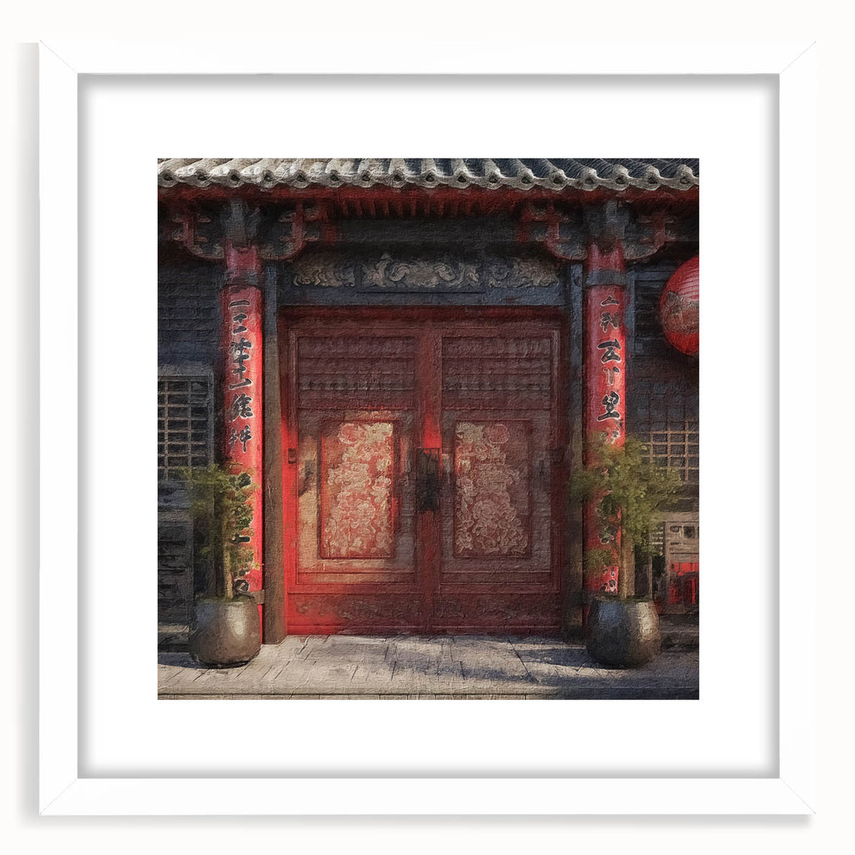 Abstract art print of a Japanese door in muted black and white, framed with a white mat, suitable for dining room decor.