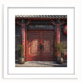 Abstract art print of a Japanese door in muted black and white, framed with a white mat, suitable for dining room decor.