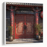 Vintage poster art of a Japanese door in black and colorful tones on framed canvas, ideal for living room decor.