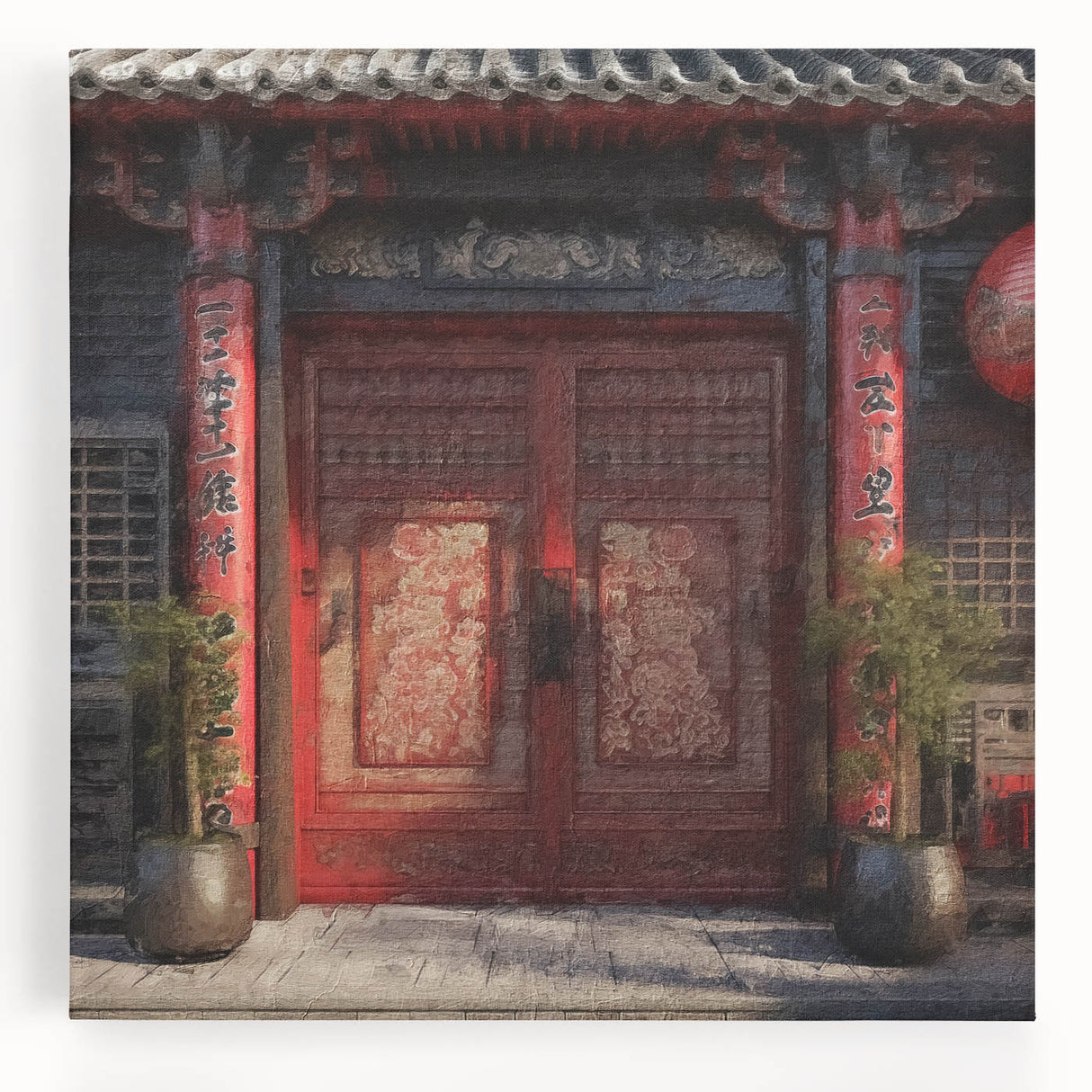 Black and white photo of a Japanese door on stretched canvas, ideal for kitchen wall art.
