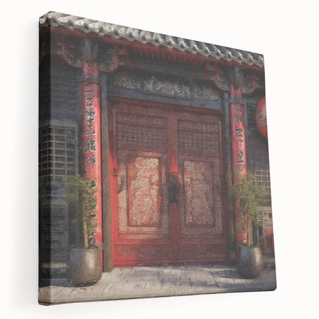Japanese architecture door design on a stretched canvas, featuring natural wood tones, ideal for kitchen wall art.
