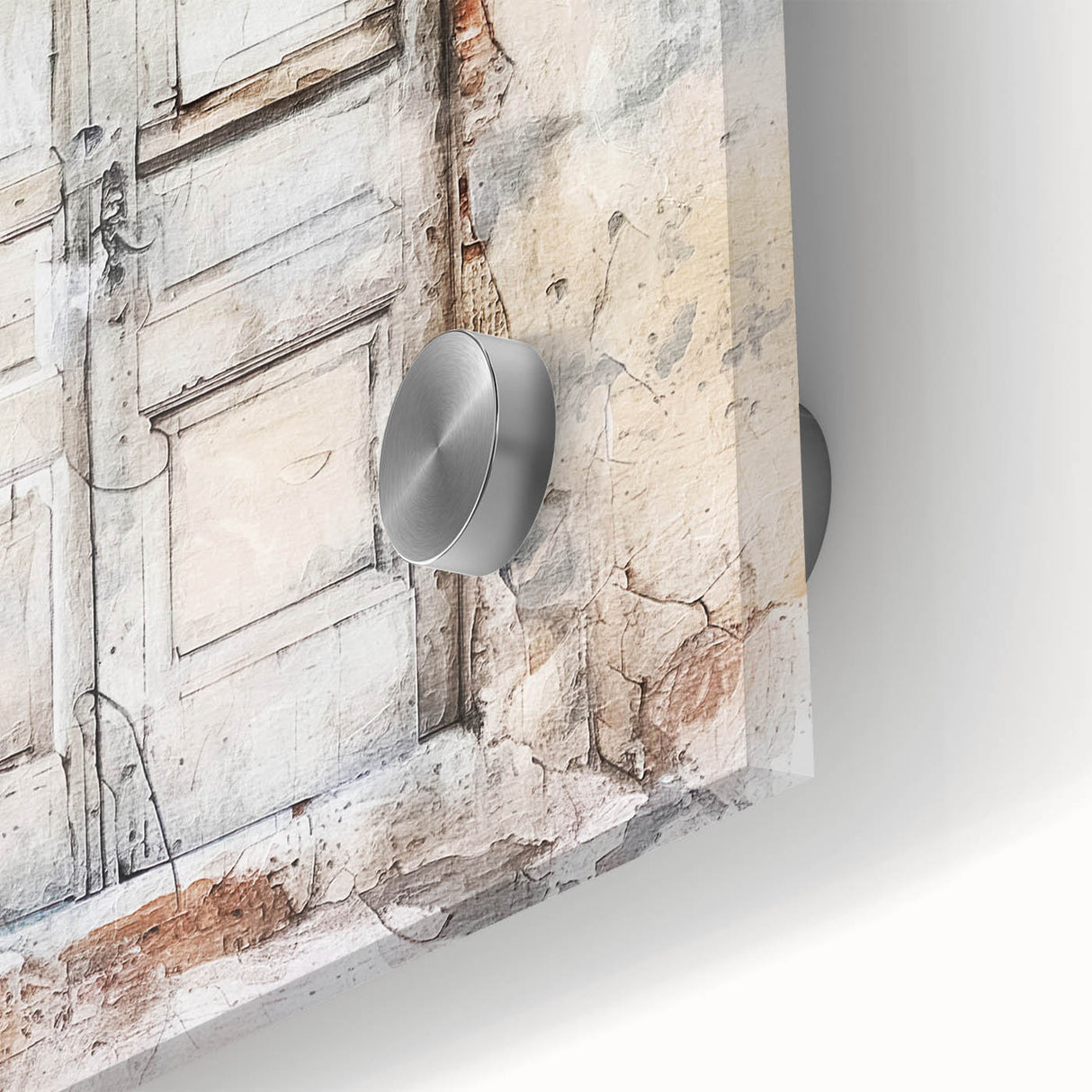 Close-up of a rustic Italian door on acrylic glass, featuring natural wood tones, ideal for dining room art.