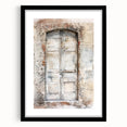 Extra large framed wall art depicting a rustic Italian door in vibrant, textured colors, ideal for living room decor.