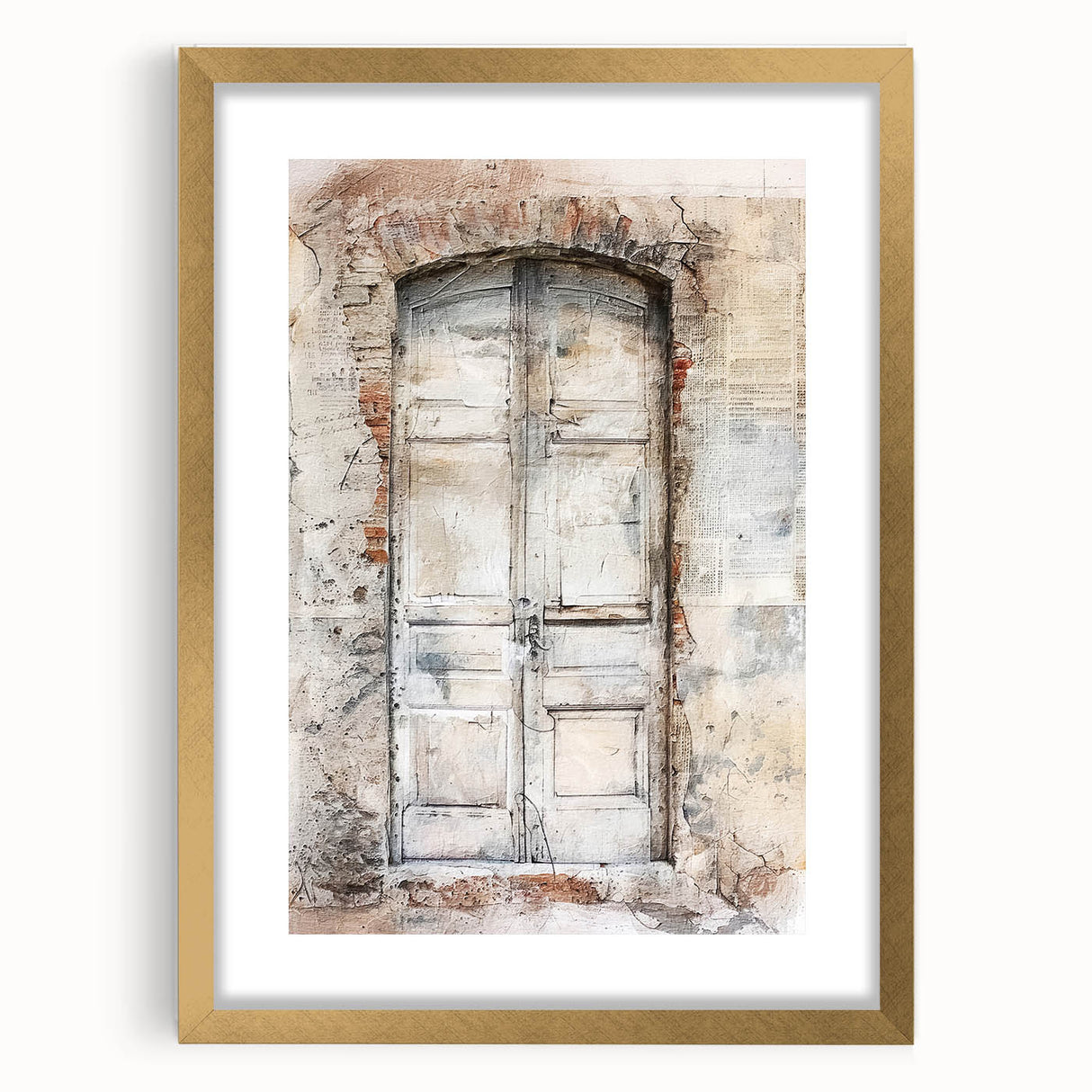 Extra large textured abstract art print of a rustic Italian door, framed with a gold mat, ideal for living room decor.