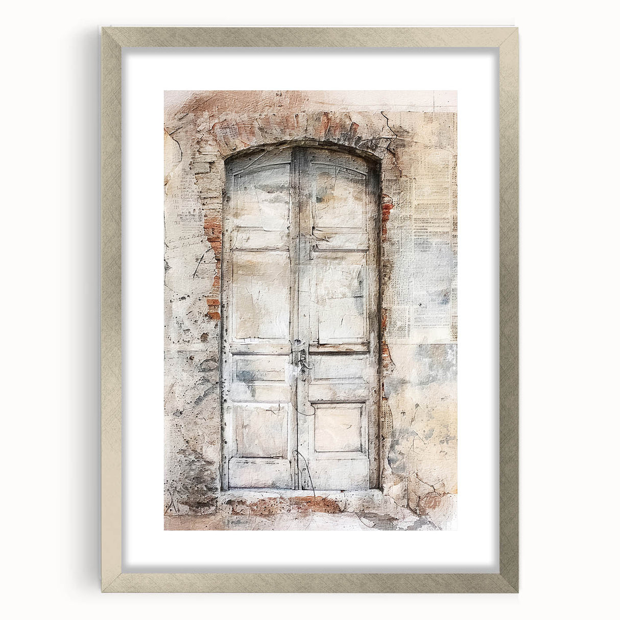 Textured art of a rustic Italian door in muted earth tones, framed with a silver mat, ideal for bedroom decor.
