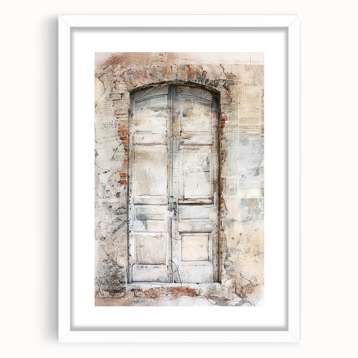 Abstract art print of a rustic Italian door, using muted earth tones, framed with a white mat, ideal for dining room decor.