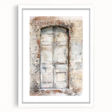 Abstract art print of a rustic Italian door, using muted earth tones, framed with a white mat, ideal for dining room decor.