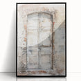 Large abstract wall art featuring a rustic Italian door design in muted earth tones on a framed acrylic.