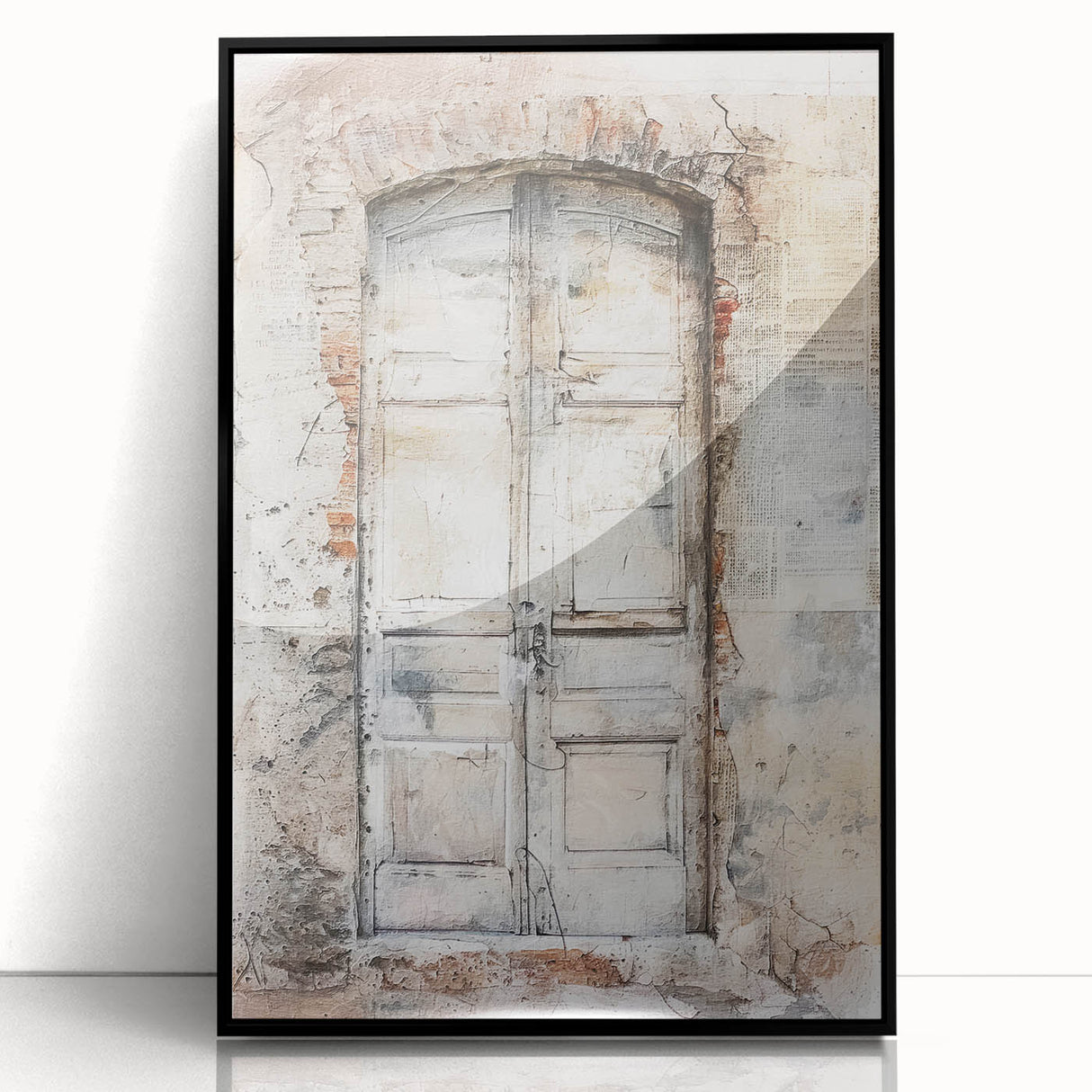 Large abstract wall art featuring a rustic Italian door design in muted earth tones on a framed acrylic.
