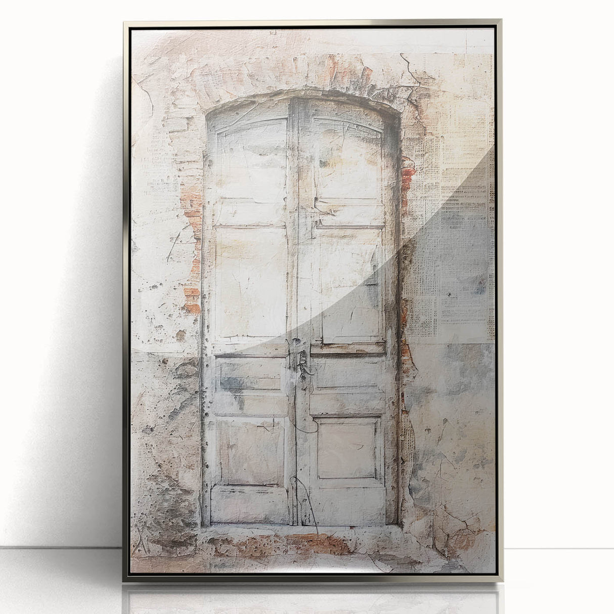Acrylic print of a rustic Italian door in muted earth tones, framed in silver, ideal for modern art wall decor.