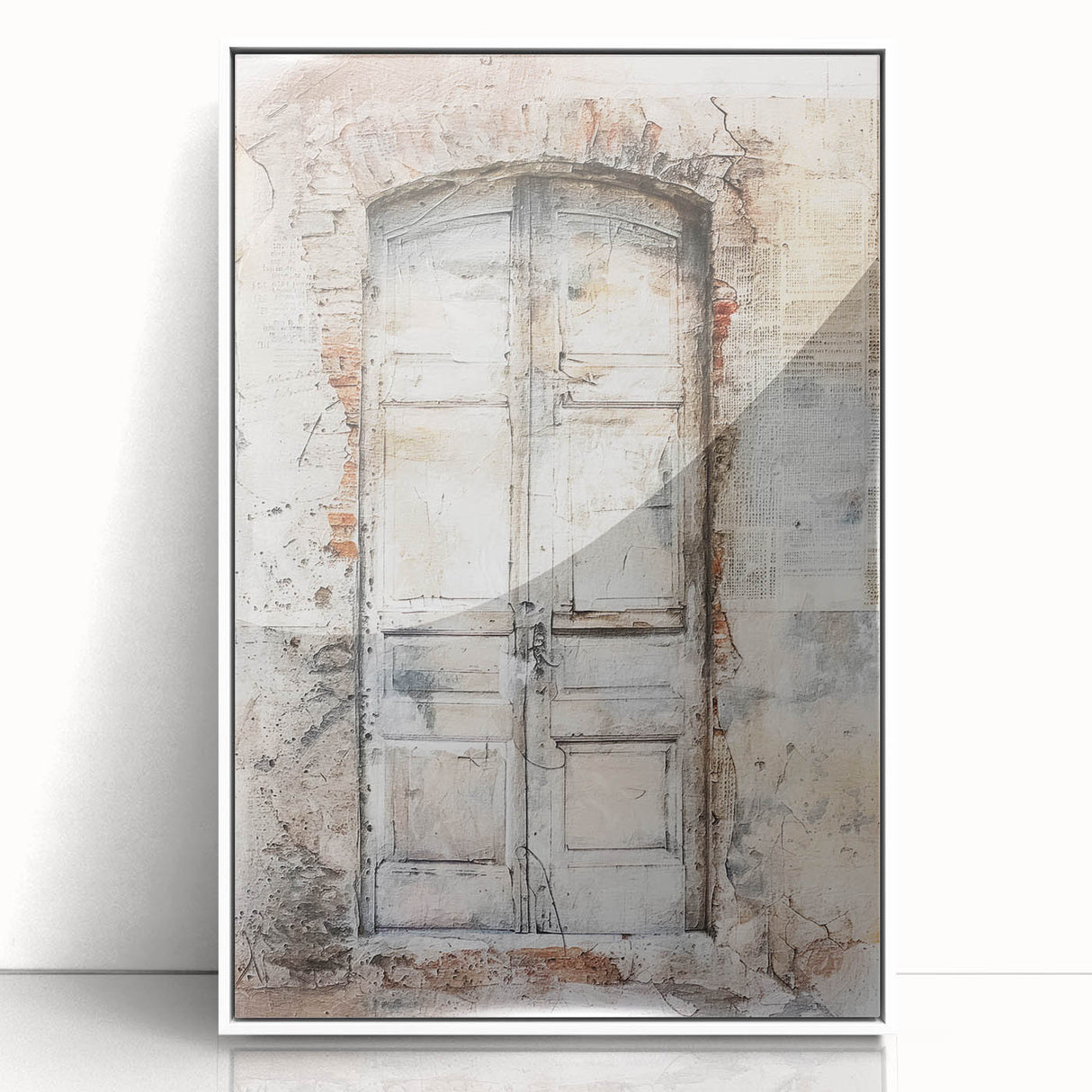 Art Deco style poster featuring a rustic Italian door, rendered in muted earth tones on a framed acrylic.